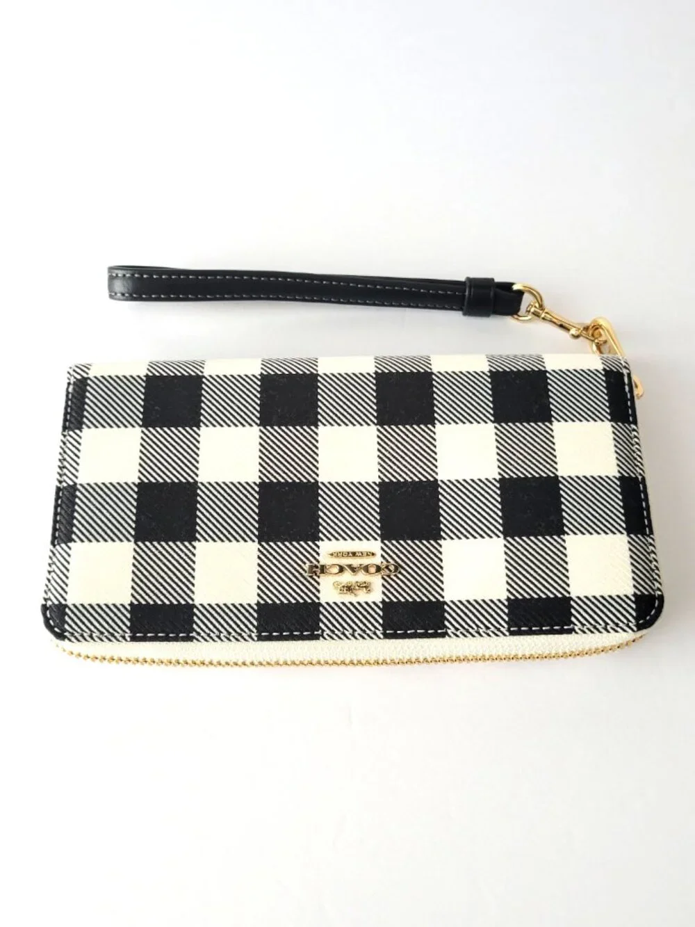 Coach CFA13 Long Zip Around Wallet Jacquard Gingham Print Wristlet Black Multi